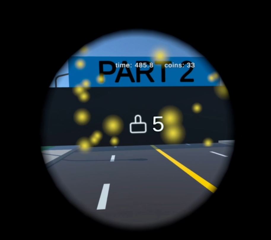 An image from inside VR, that shows both the road blockade before a new area of the race track and the vignette that appears when the player moves quickly.